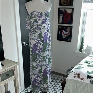 Lush L white lavender sage print loose pantsuit Floral Strapless jumper